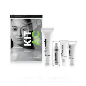 pHformula AC Kit acne treatment skincare set – professional blemish control products for acne-prone skin, includes four white cosmetic tubes and branded packaging with model image.