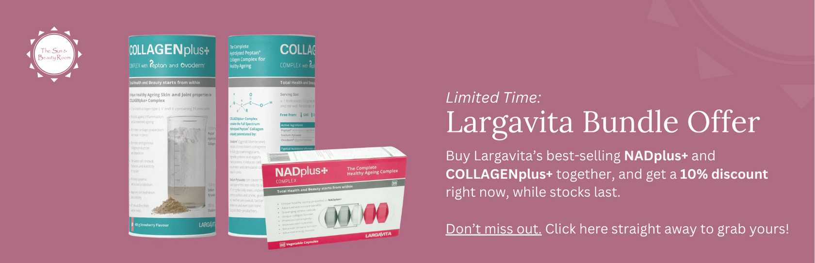 Largavita COLLAGENplus+ and NADplus+ products. Special offer. 10% off when you buy both together.