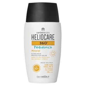 Heliocare 360° Pediatrics Mineral SPF 50+ sunscreen bottle with white body and black cap, labeled for face and body protection for babies and children, broad-spectrum UVA/UVB protection, water-resistant.