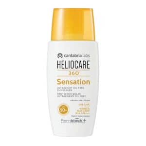 White bottle of Heliocare 360° Sensation ultralight oil-free sunscreen by Cantabria Labs with a yellow cap. The label indicates SPF 50+, broad-spectrum protection against UVA, UVB, visible and blue light, and IR-A. Water and sweat resistant, featuring Fernblock+ photoimmunoprotection technology